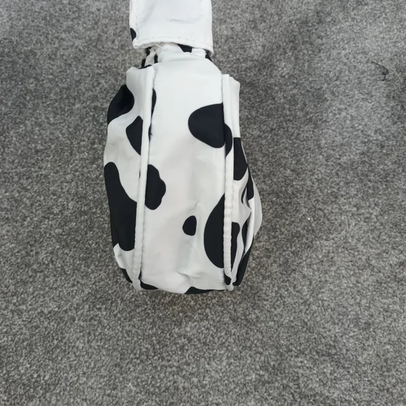 BLACK WHITE COW PRINT HANDBAG SHOULDER BAG Y2K POLYESTER RUCHED CARRY - Picture 4 of 5